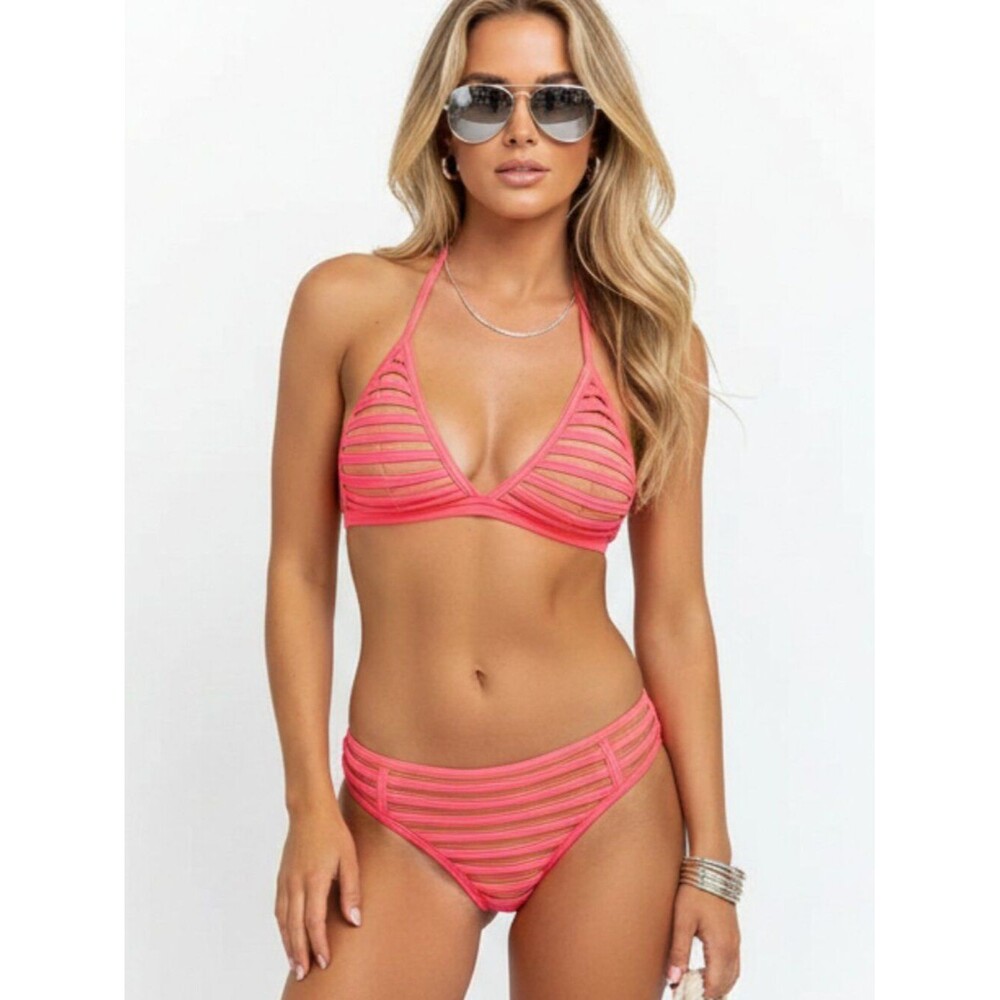 Feather 11 Coral Orange & Nude Strappy 2 Piece Bikini Swim Bathing Suit M